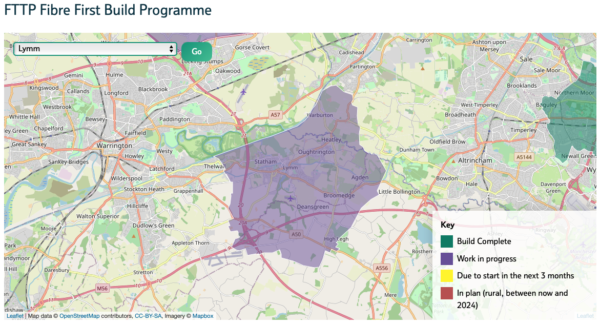 OpenReach Fibre First map of Lymm & surrounding